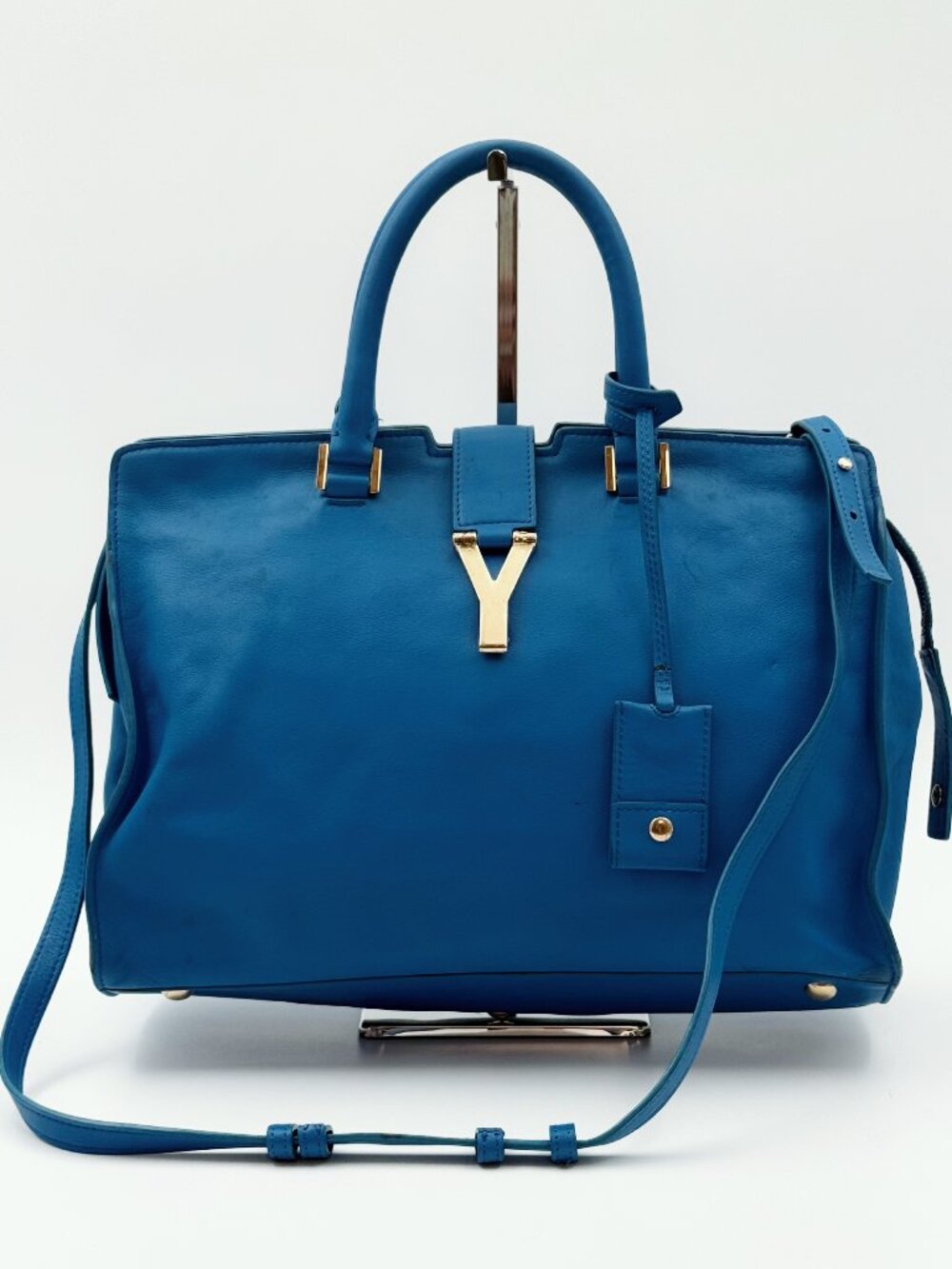 YSL Yves Saint Laurent Cabas Chyc Blue Leather Satchel Shoulder Bag